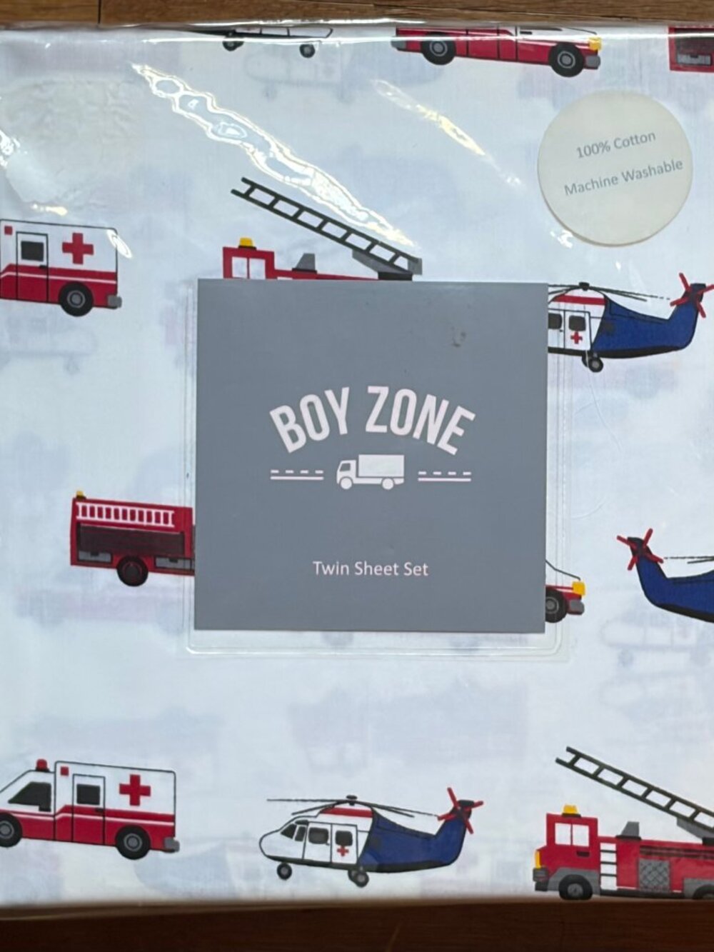 BOY ZONE TWIN Size Cotton Emergency Vehicles Sheet Set (fire truck helicopter)